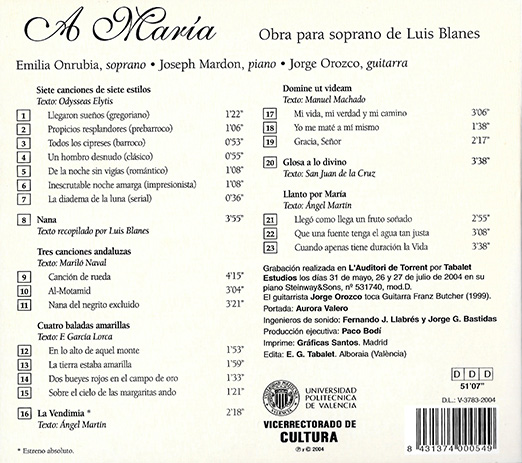 Contraportada del CD "A María", en cuya grabación participa Jorge Orozco