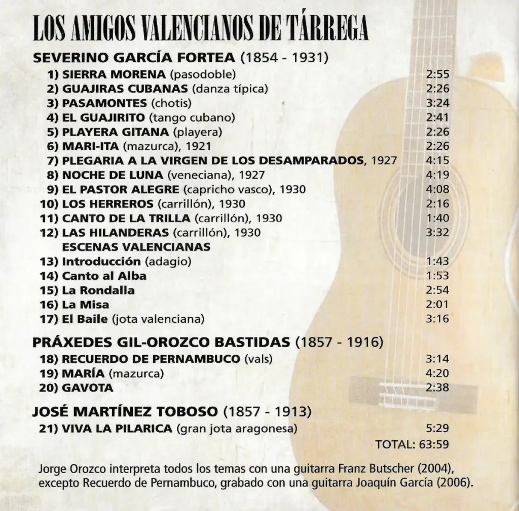 Contraportada del booklet del CD "Los amigos valencianos de Tárrega"