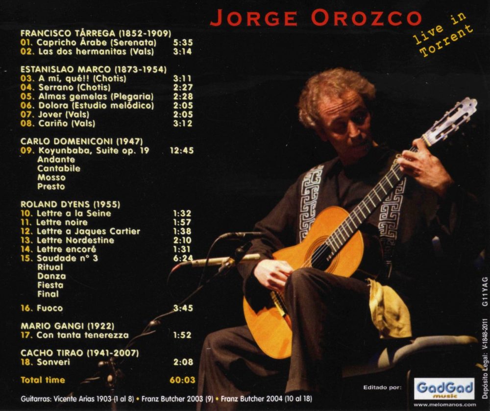 Inlay card del CD "Jorge Orozco - Live inTorrent"